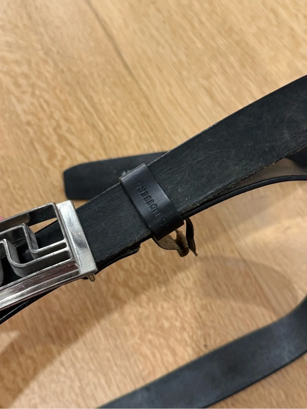 J.Lindeberg Men's Black Leather Belt with Brushed Silver Logo Buckle